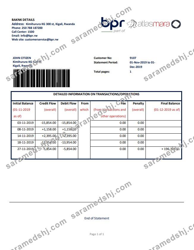 Rwanda BPR bank statement template in Word and PDF format